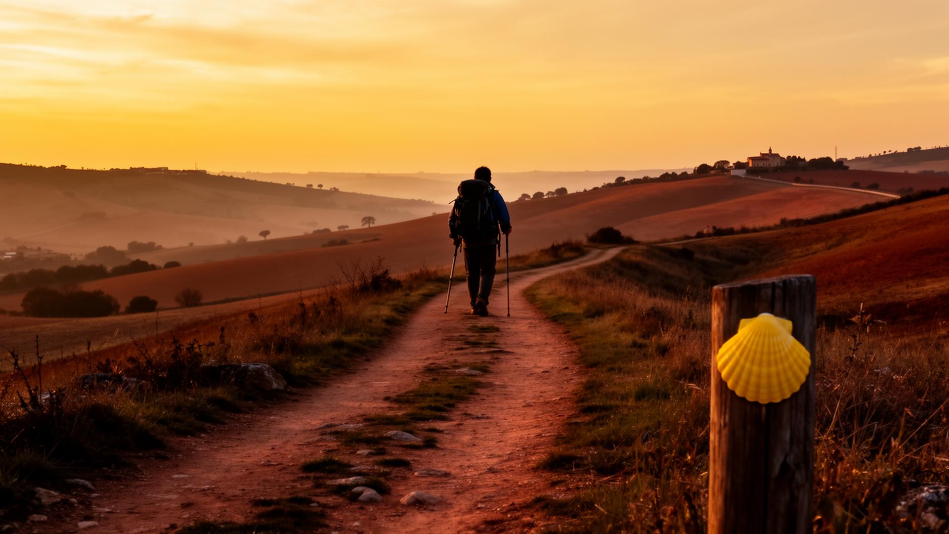 A pilgrim walks toward the horizon along the Camino de Santiago at golden hour